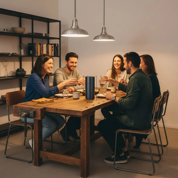 Kleine Familie teilt warme Momente an einem Holztisch mit leicht industriellen Metalldetails; das Produkt aus den Referenzfotos sichtbar; kreative geschenkideen