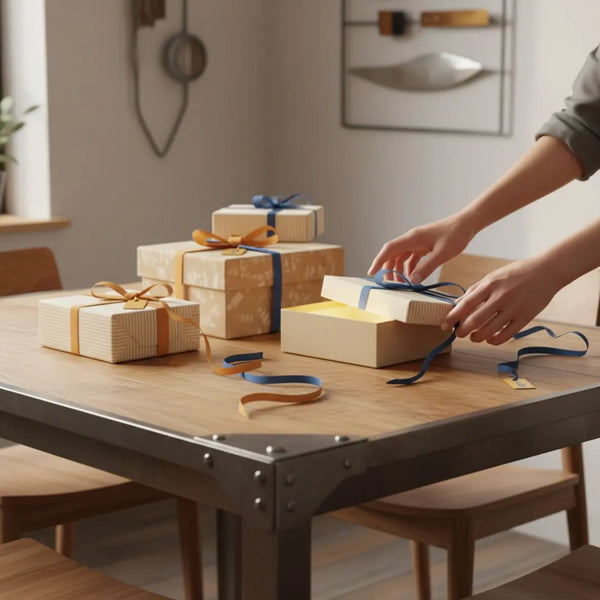Minimalistisches, warm beleuchtetes Tischarrangement mit Geschenkboxen, Geschenkpapier, Metallanhängern und offener Box; Hände greifen nach Bändern – kreative gutscheine ideen