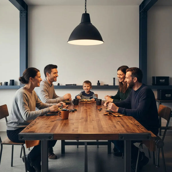 Familie lacht gemeinsam an einem warmen, leicht industriellen Esstisch mit Holz- und Metalldetails – kurze geburtstagszitate frauen Kontext für authentische Gratulationen.
