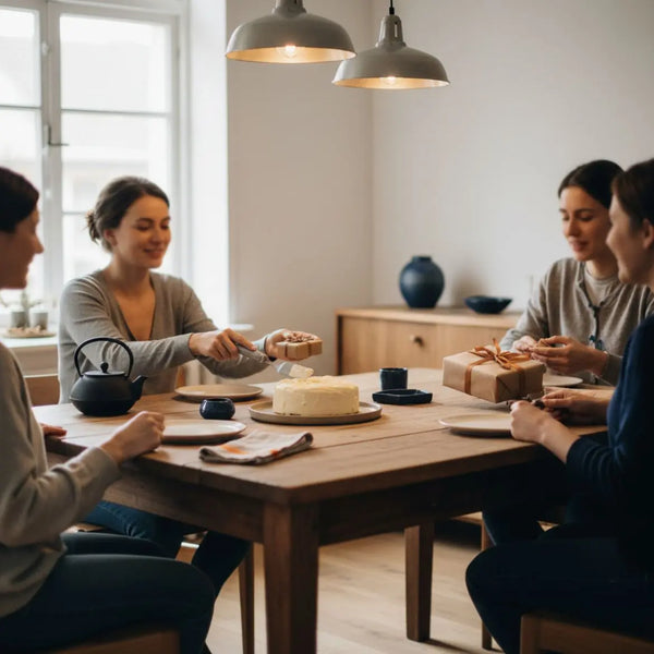 Kleine Familie oder Freunde am Holztisch mit Vanilletorte, handgemachten Geschenken und warmem Licht im industriellen Stil – kurze geburtstagszitate