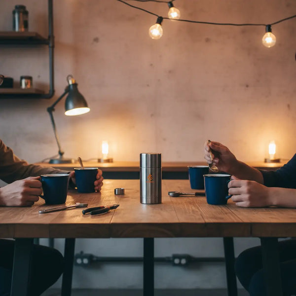 Abendliches Familientreffen am Holztisch mit Händen, Tassen und gravierten Metallgegenständen – intime, ruhige Szene; last minute geschenke opa