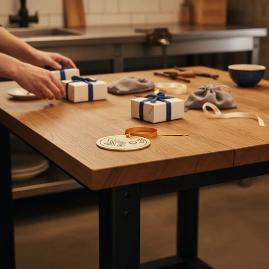 Esstisch mit ordentlich arrangierten kleinen Geschenken und graviertem Metallanhänger im Vordergrund, warmes Licht, Holz- und dezente Metalldetails – lehrer geschenk annehmen