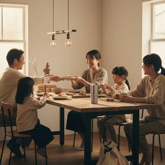 Familie und enge Freunde am warm beleuchteten Esstisch mit Holz- und Metalldetails, Hände reichen Teller — ein subtiler Liebesbeweis für einen Mann.