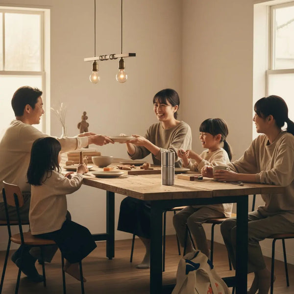 Familie und enge Freunde am warm beleuchteten Esstisch mit Holz- und Metalldetails, Hände reichen Teller — ein subtiler Liebesbeweis für einen Mann.