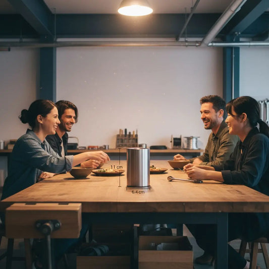 liebesbeweis für eine frau: kleine familie oder enge freunde am industriell-warmen Esstisch, Hände greifen nach Tellern, sichtbare Holz- und Metalldetails, freundliche Atmosphäre