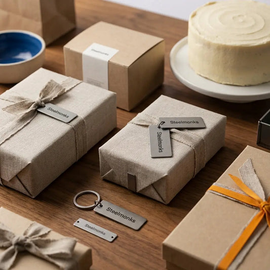 Nahaufnahme minimalistischer Esstisch mit sorgfältig verpackten Geschenken und schlichter Vanilletorte, warme industrielle Akzente, Details wie Metallanhänger, lustige geschenke zum 70. geburtstag