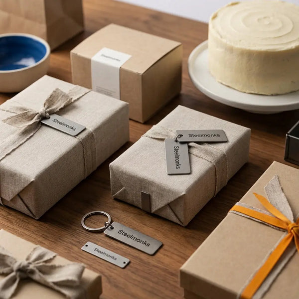 Nahaufnahme minimalistischer Esstisch mit sorgfältig verpackten Geschenken und schlichter Vanilletorte, warme industrielle Akzente, Details wie Metallanhänger, lustige geschenke zum 70. geburtstag