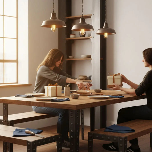 Gemütliches Esszimmer mit Händen, Tellern und gestapelten Geschenken, warme Lichtstimmung, Holz- und Metalldetails — lustige ideen jugendweihe