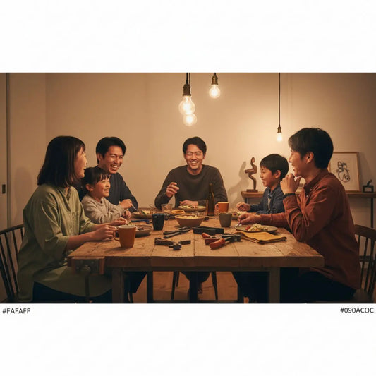 lustige Sprüche für Bauarbeiter: Realistische Innenaufnahme einer kleinen Familie an einem Holz-Esstisch mit warmem Licht, leicht industriellem Charme und sichtbaren Metalldetails