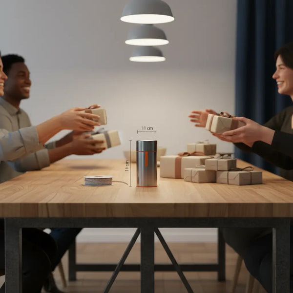 Aufgeräumtes Abendstillleben mit Holztisch, metallischen Details, sortierten lustige wichtelgeschenke, aufgerollter Geschenkband‑Kordel und minimalistischer Metallbox