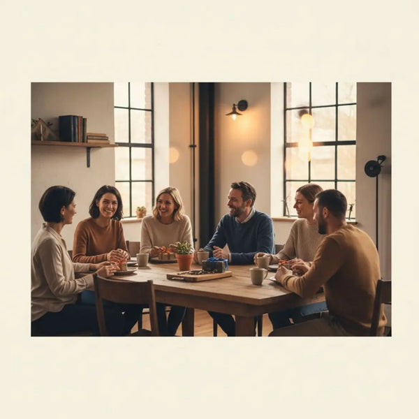 Warme, realistische Szene: kleine Familie am Holzesstisch mit Geschenken, kleiner Pflanze und Metallakzent auf Holzbrett — mitbringsel statt blumen