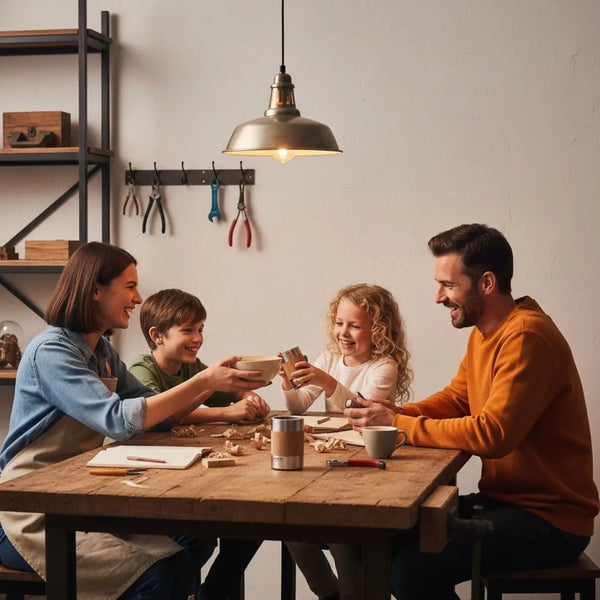 Kleine Familie lacht am industriellen Holztisch mit Metalldetails, warmes Licht, Hände greifen nach Tellern, das Produkt aus den Referenzfotos sichtbar — mydays vs jochen schweizer