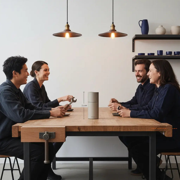 Kleine Familie am warm beleuchteten Holztisch mit dezentem Industriecharme, das Produkt aus den Referenzfotos sichtbar im Vordergrund — intime Abendstimmung, Nachhaltigkeit in der Stahlindustrie