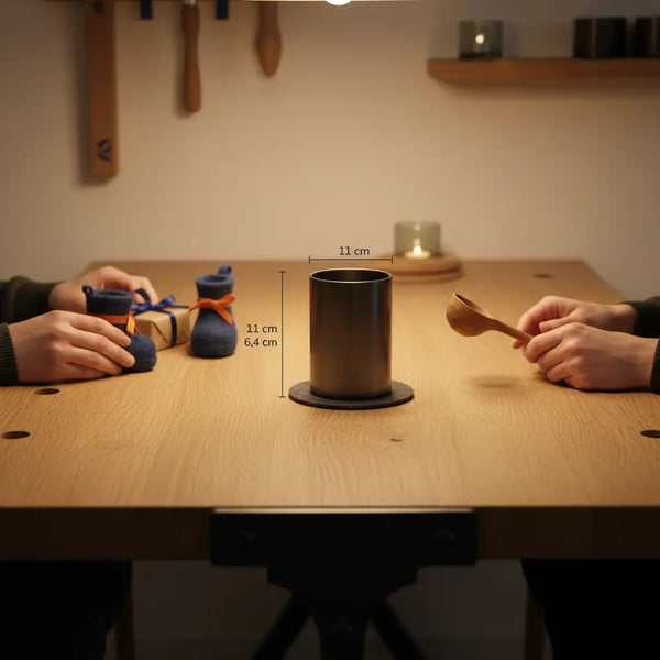 Minimalistische Abend-Werkbank mit Holz- und Metalldetails, Hände platzieren Nikolaus-Geschenke und Schuhe neben dem Produkt aus den Referenzfotos — nikolaus ideen