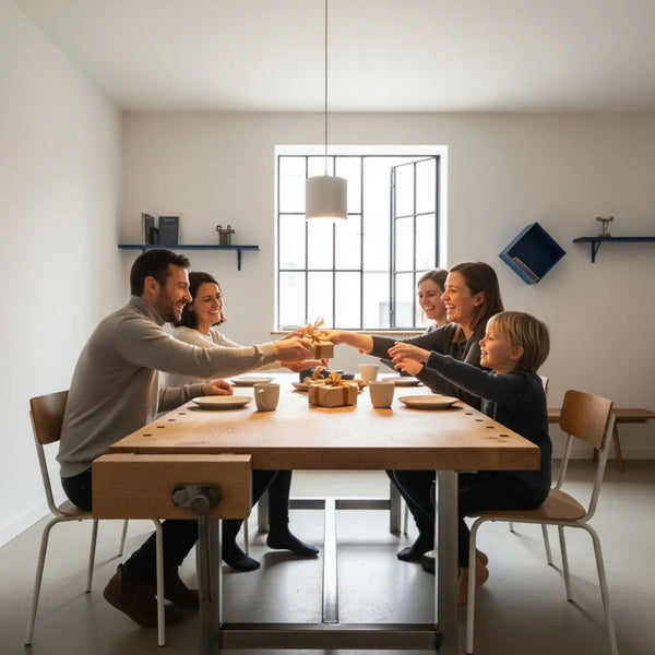 Kleine Familie am Holztisch tauscht handgemachte Nikolausgeschenke aus, warme Industrielichtstimmung und Metalldetails – nikolausgeschenke männer