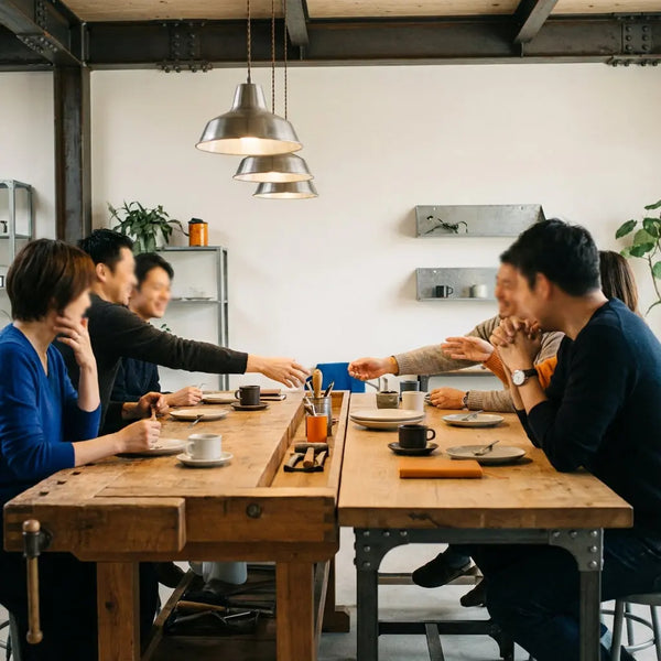 Kleine Gruppe am Esstisch füllt gemeinsam einen Nikolaussack, Hände, Teller und kleine Geschenke im Vordergrund, warmes Licht, Holz- und Metalldetails, nikolaussack befüllen