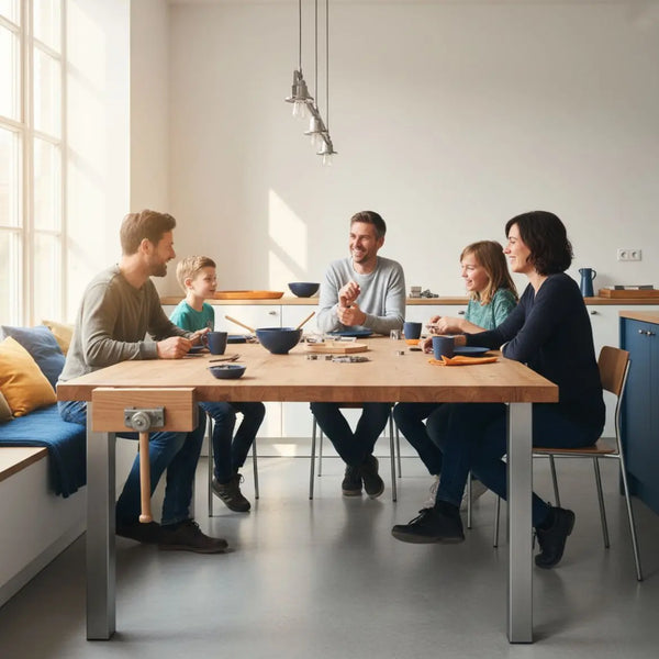 Kleine Familie oder enge Freunde an einem Esstisch in modernem Zuhause mit Holzoberflächen und Metalldetails, die originelle geschenke austauschen.