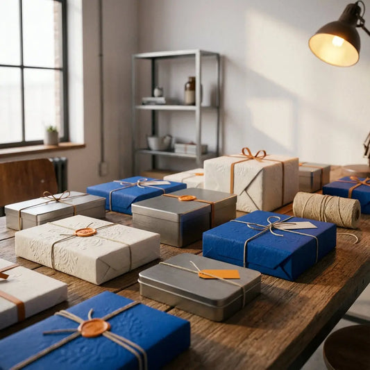 Rustikaler Holztisch mit verpackten Geschenkboxen aus Metall und geprägtem Papier, Fokus auf Texturen und warmes Licht – originelle geschenke für kumpel