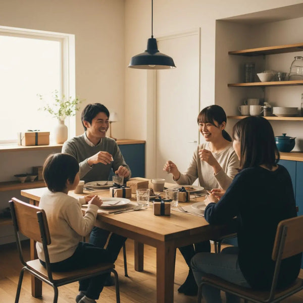 Kleine Familie am Esstisch, Hände reichen Teller und Geschenke, warme Lichtstimmung mit Holz- und Metalldetails – originelle geschenkideen