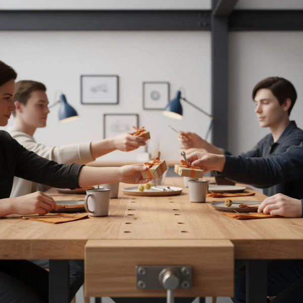 Hände an einem Esstisch mit kleinen Ostergeschenken, Metall- und Holzdetails, warmes Licht und minimalistisches industrielles Ambiente – ostergeschenk ideen im heimischen Setting