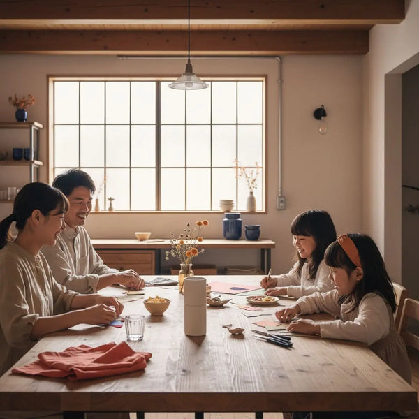 Kleine Familie bastelt gemeinsam am Holztisch – osterideen für kinder in einem warmen, minimalistischen Esszimmer mit Holzoberflächen und dezenten Metallakzenten.