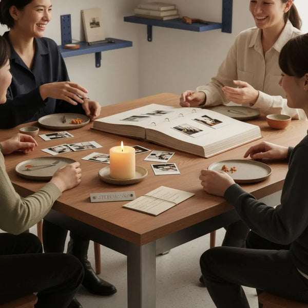 papierhochzeit bedeutung: intime, minimalistische Tischszene mit offenem Scrapbook, Polaroids, Metallnamensschild, handgeschriebenem Brief und brennender Kerze, warme Holz- und Stahlakzente.
