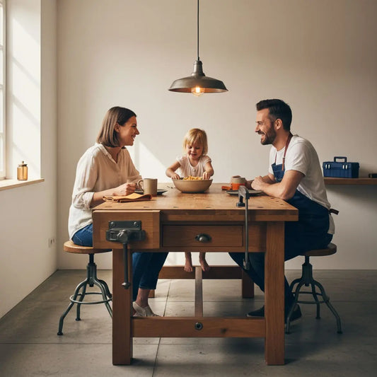 Kleine Familie am Esstisch mit Holzoberfläche, warmem Licht und dezenten Metalldetails – freundliche Stimmung als papierhochzeit geschenk Motiv