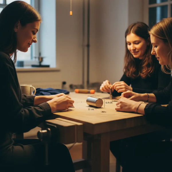 Freundinnen arbeiten abends an einer Holzwerkbank an kleinen Metallstücken, Hände im Fokus, warme Lampen und dezente industrielle Details — personalisierte geschenkideen freundin