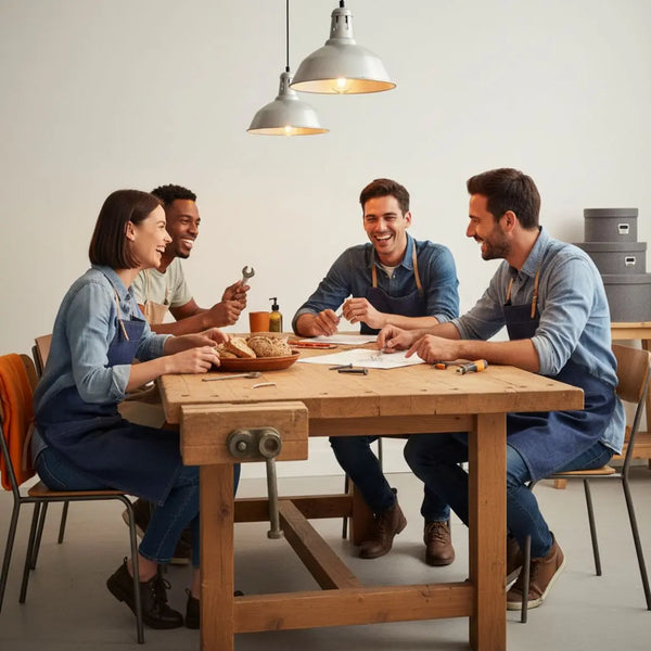 Kleine Familie lacht gemeinsam am Esstisch in warmem, leicht-industriellem Zuhause mit Holz- und Metalldetails – persönliche Geschenke Mutter im Mittelpunkt.