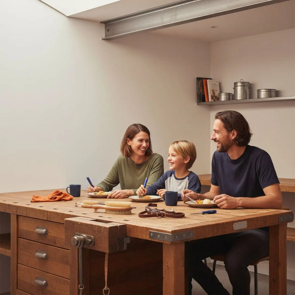 Warme Werkbank-Szene mit kleiner Familie, handwerkliche Utensilien und dezente Pferde Grundausstattung (Bürsten, Halfter) auf Holzfläche vor #FAFAFF-Hintergrund.