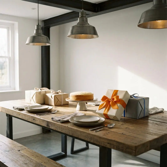 Minimalistischer gedeckter Esstisch mit Rubinhochzeit Geschenkideen, dezenten Geschenken, einfacher Vanilletorte und warmem Licht im leicht industriellen Stil