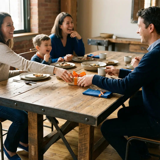 Schenkung an Enkel: Kleine Familie um industriellen Holztisch, warme Gespräche und Hände, die nach einem kleinen Geschenk greifen.