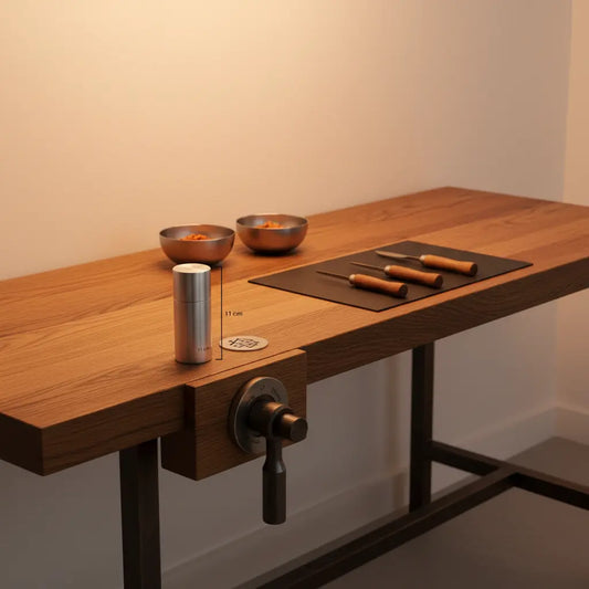 Gedeckter, minimalistischer Tisch mit Stahl- und Holzelementen und gravierten Metallobjekten, warmes Abendlicht, Hintergrund #FAFAFF — schenkungssteuer 400000