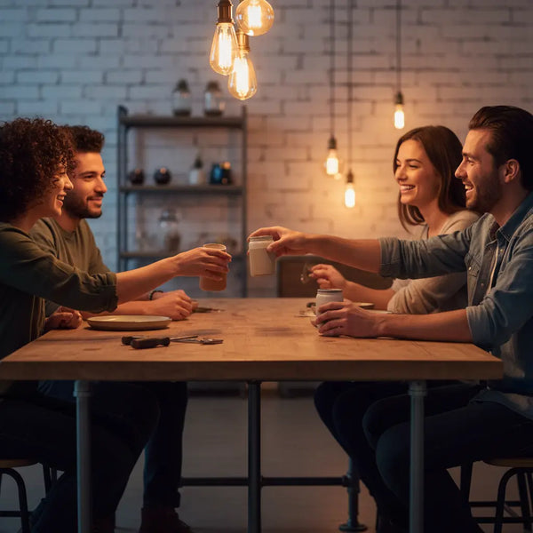 Familie am Abend am Esstisch mit warmer Beleuchtung, Holz- und Metallakzente; Produkt aus Referenzfotos im Vordergrund im Kontext von schultüte inhalt.