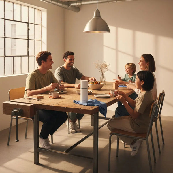 Kleine Familie am Esstisch mit warmem Licht, industriellen Metalldetails und Holzoberflächen; Produkt integriert im Alltag — schutzengel aktivieren