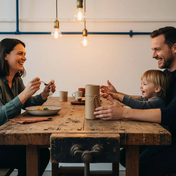 Familie am Esstisch, Hände halten einen Schutzengel als Geschenk im Mittelpunkt, warme Lichtstimmung, Holz- und Metalldetails, authentische Industrie-Ästhetik
