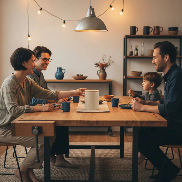 Kleine Familie an einem Esstisch in warmem, leicht industriellem Zuhause mit Holz und Metall; das Produkt aus den Referenzfotos sichtbar und im Fokus – Schutzengel Zeichen.