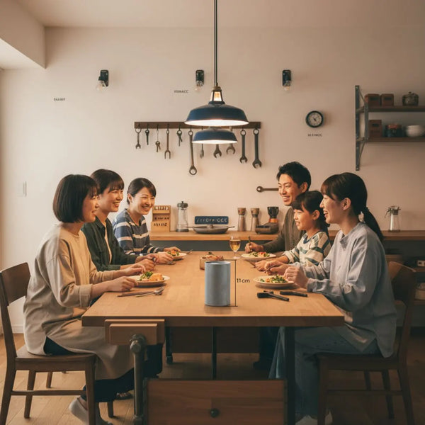 Warm beleuchtetes Esszimmer/Werkbank mit Familie, Holzoberflächen, sichtbaren Metalldetails in #0044CC und Akzent #ff9800, vertraute Atmosphäre — schwester ärgern ideen