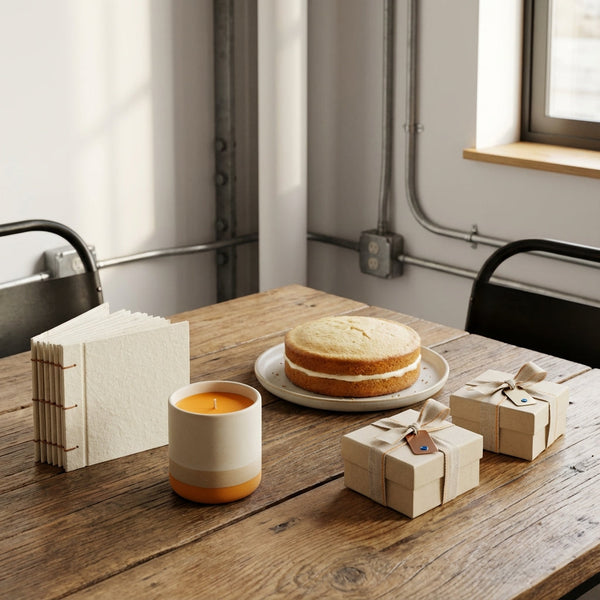 selbstgemachte geschenke freundin auf minimalistischem holztisch im leicht industriellen esszimmer mit vanillekuchen, papiertexturen und metallanhängern