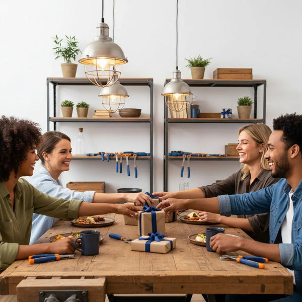 Kleine Familie am Esstisch, Hände greifen nach selbstgemachte geschenke für papa und Werkzeug; warme, minimalistische Szene mit Holzoberflächen, Metallakzenten und Steelmonks-Farben.