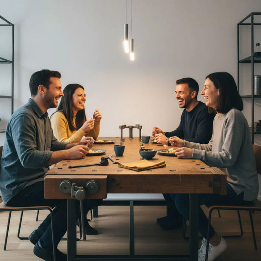 Familie am Esstisch in warmem, industriellem Interieur mit Holz- und Metalldetails, herzliches Zusammensein; dezente silberhochzeit blumen als Akzent