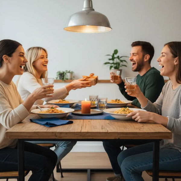 Silberhochzeit: Kleine Familie am Esstisch, warme Beleuchtung, Holzoberflächen und Metalldetails, Hände reichen Teller – intime, minimalistische Zusammenkunft.