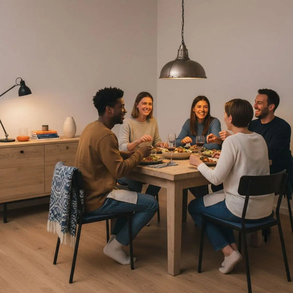 Silberhochzeit: Familie und enge Freunde im hellen, minimalistischen Esszimmer an rustikalem Holztisch, warmes Licht und dezente Metalldetails.