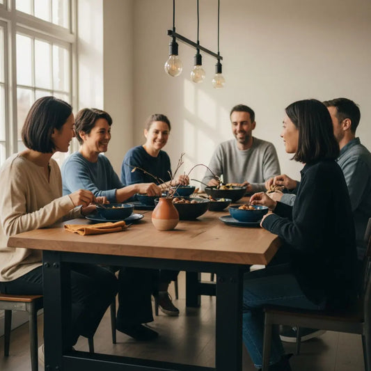 Gemütliche Familie oder Freunde am Holztisch in industriell angehauchtem Esszimmer mit warmem Licht, Metalldetails und Holzoberflächen – silberhochzeit geschenk pro person