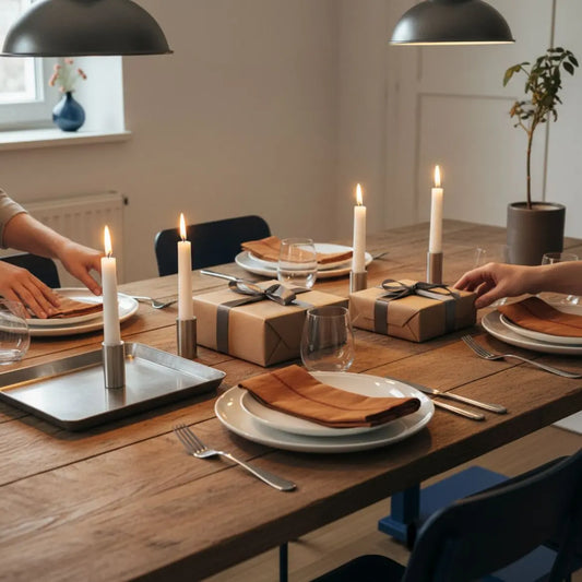 Gedeckter Esstisch mit Geschenkboxen, Kerzen und Metall-Accessoires in warmem, leicht industriellem Ambiente – silberhochzeit geschenke ideen.