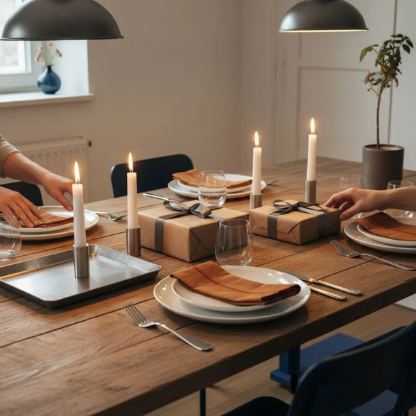Gedeckter Esstisch mit Geschenkboxen, Kerzen und Metall-Accessoires in warmem, leicht industriellem Ambiente – silberhochzeit geschenke ideen.