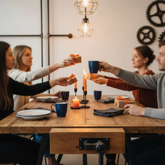 Nahaufnahme Hände und vertraute Gesten bei einer kleinen Feier zu Hause, warmes Licht, Holzoberflächen, industrielle Akzente – silberhochzeit traditionen im familiären Umfeld