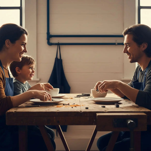 Soll ich meiner Schwester ein Geschenk machen? Kleine Familie lacht beim gemeinsamen Essen an einem Holztisch mit leicht industriellem Charme, warmes Licht und sichtbaren Metallakzenten.
