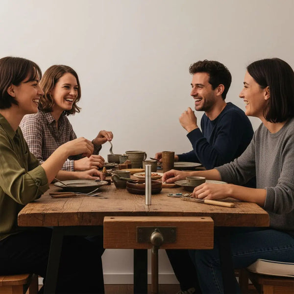 Kleine Familie sitzt lachend am Esstisch mit einem Produkt auf dem Tisch, warme minimalistische Industrieszene — spielzeug für 10-jährige jungs