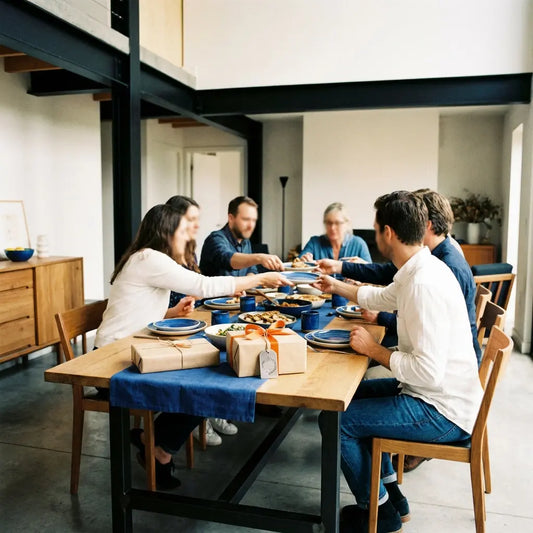 Warm beleuchtetes Esszimmer mit Freund:innen, Hände greifen nach Tellern, kleine Geschenke und personalisierter Metallanhänger im Zentrum – sprüche für beste freundin